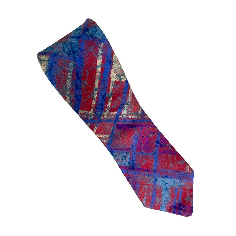 Damon Men Tie Red Blue Purple Abstract Geometric Silk Artsy Plaid USA 57x3
